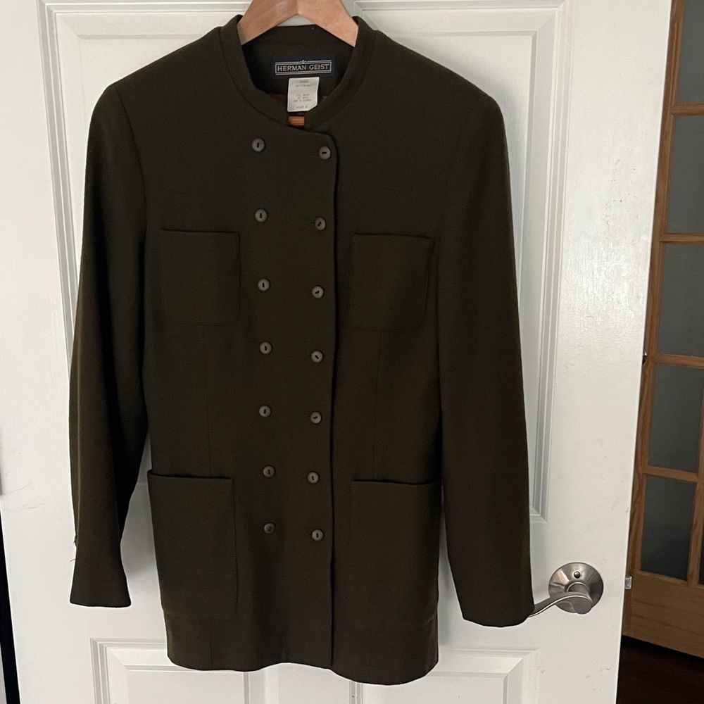 Herman Geist Vintage Olive Green military style wool Blazer Sz 8